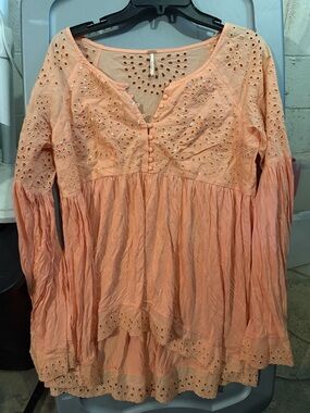 Free People Peach Eyelet Embroidered Tiered Tunic